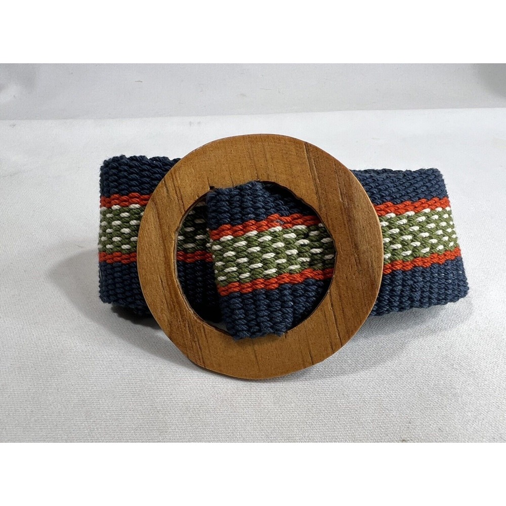Unbranded Wide Canvas Belt Women M Blue Green Red Woven Wood Buckle Boho Retro